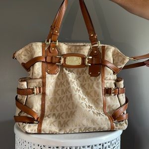 Michael Kors Tan Logo Fabric and Leather Detail Purse